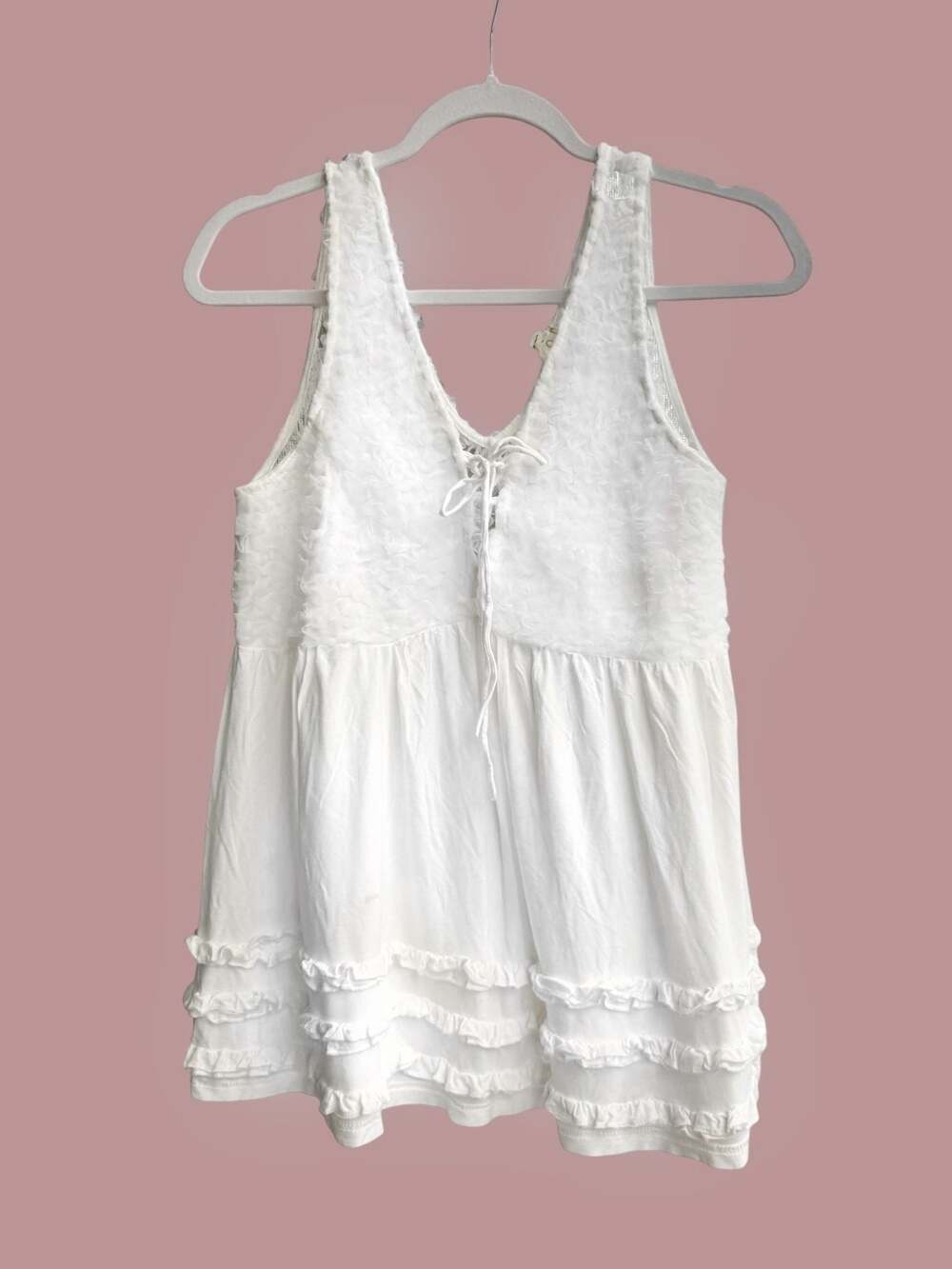 POL Clothing White Sleeveless Babydoll Tank Top with Lace and Ruffles